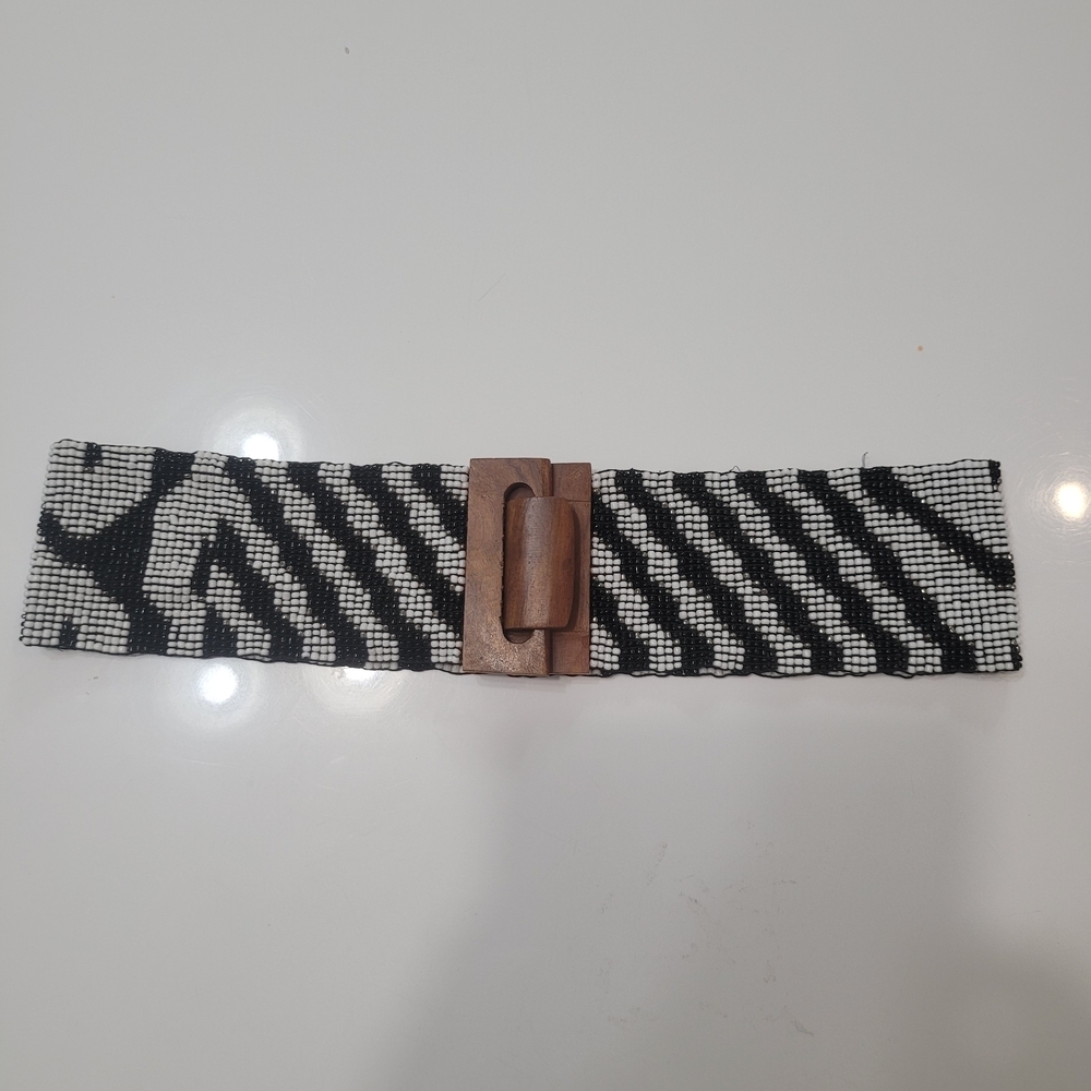 Belt handmade Black and White Beaded Belt with Wooden Buckle Zebra Print